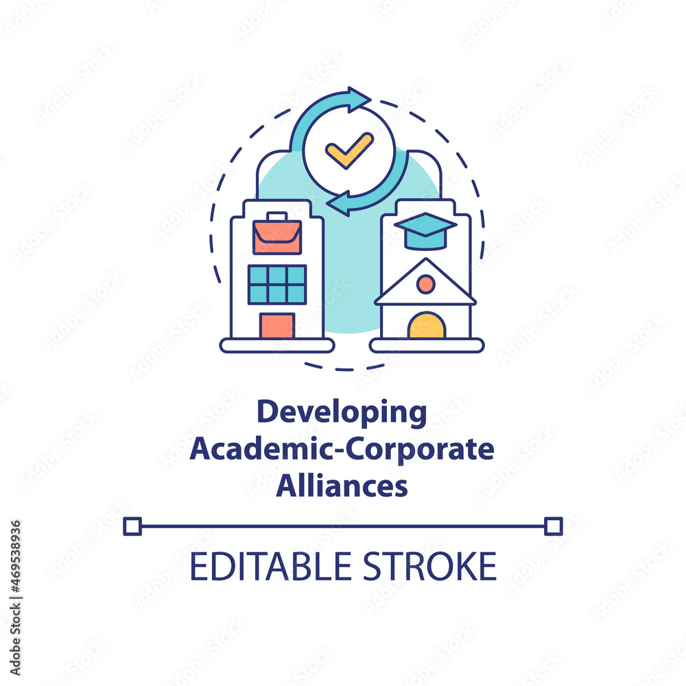 Developing academic corporate alliances concept icon. Mutual benefit. University and company partnership abstract idea thin line illustration. Vector isolated outline color drawing. Editable stroke