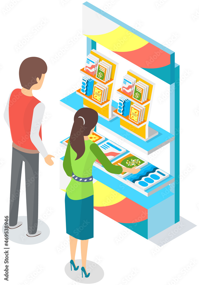 Man buys books from woman near bookstore. Businesswoman sells books to readers in shop or exhibition. Woman works and shows literature in institution. Buyers stand near stand with printing products Man buys books from woman near bookstore. Businesswoman sells books to readers in shop or exhibition. Woman works and shows literature in institution. Buyers stand near stand with printing products