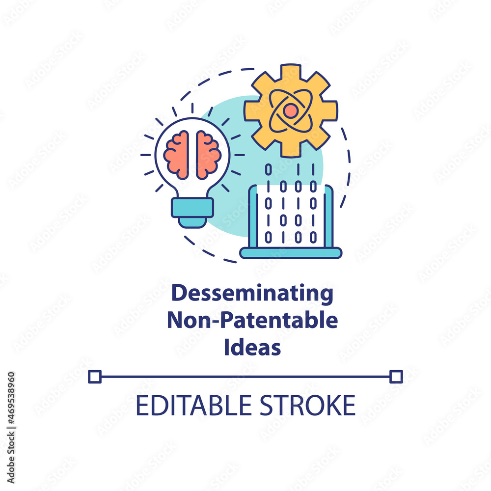 Disseminating non-patentable ideas concept icon. Scientific knowledge transfer. Nonfunctional invention abstract idea thin line illustration. Vector isolated outline color drawing. Editable stroke