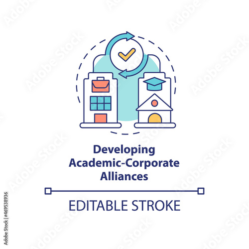 Developing academic corporate alliances concept icon. Mutual benefit. University and company partnership abstract idea thin line illustration. Vector isolated outline color drawing. Editable stroke