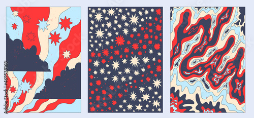 set of vector interior winter groovy posters.Funky psychedelic pattern.Abstract boho postcard.Vintage stories with waves, stars, clouds.Collection hippie aesthetics of the 60s and 70s.Cold palette