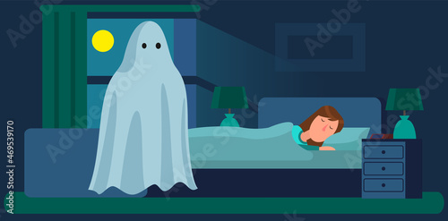 Ghosts in a dream. Girl s fantasy with frightened expression imagining very scary big monster from under bed in bedroom at night. Fear of darkness. Woman and spooky white ghost from nightmare