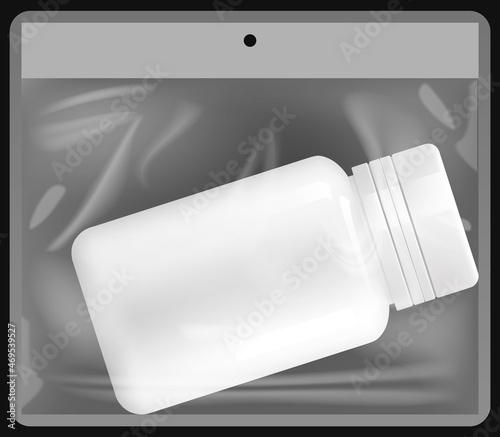 Transparent plastic bag with medicine container. Stretched polyethylene mockup. Jar with pills in plastic packaging isolated on transparent background. Polyethylene packaging for storing medications