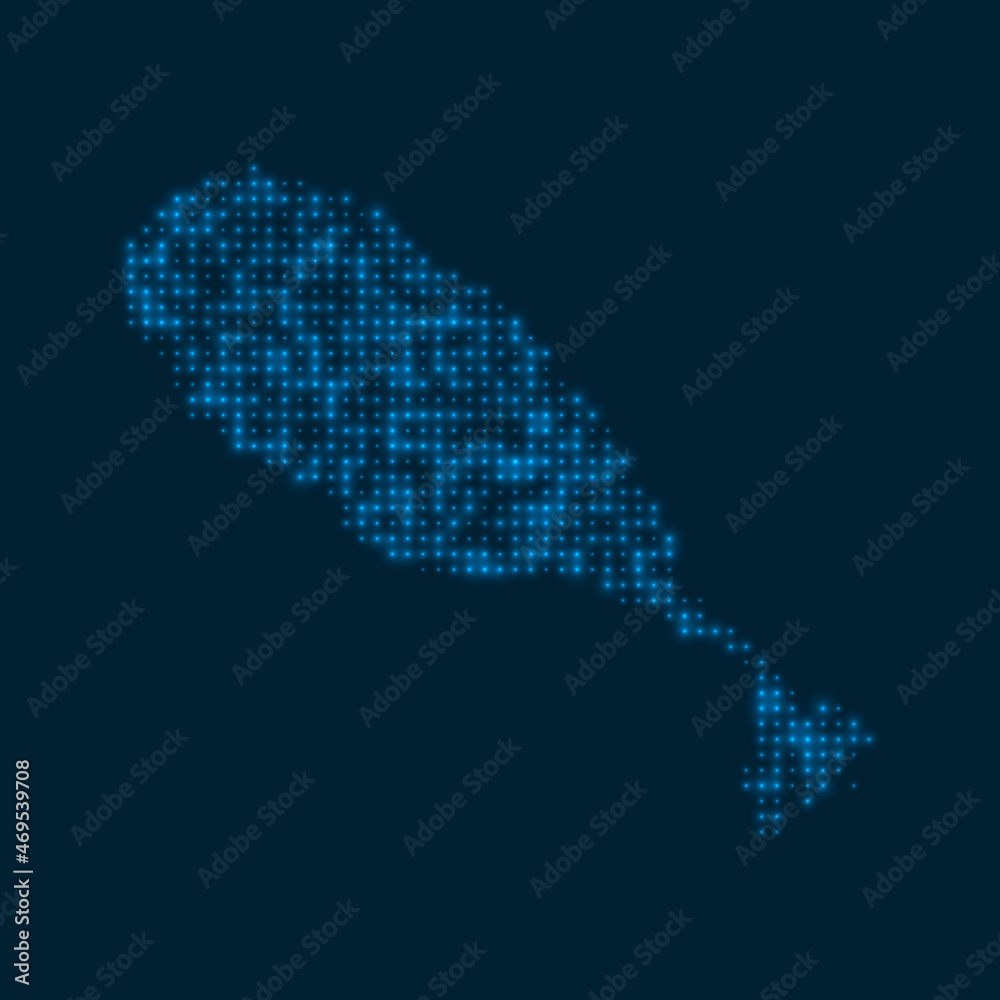 Saint Kitts dotted glowing map. Shape of the island with blue bright bulbs. Vector illustration.