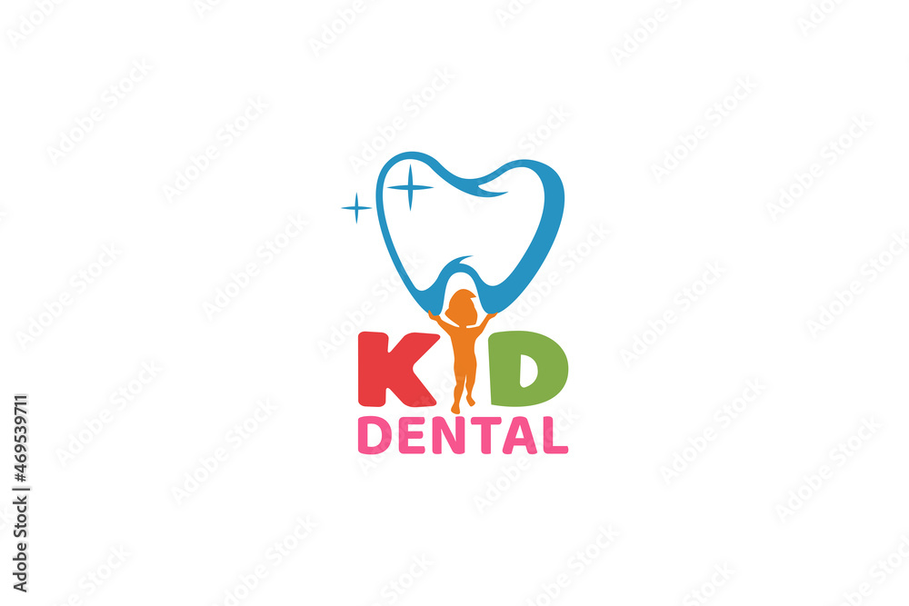 Kid dental logo with a child holding a tooth as the icon. Kid dental logo with a child holding a tooth as the icon.