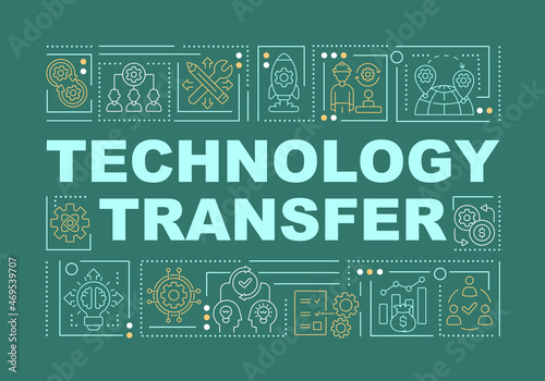 Technology dissemination word concepts banner. Innovations sharing. Infographics with linear icons on green background. Isolated creative typography. Vector outline color illustration with text