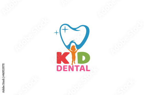 Kid dental logo with a child holding a tooth as the icon.
