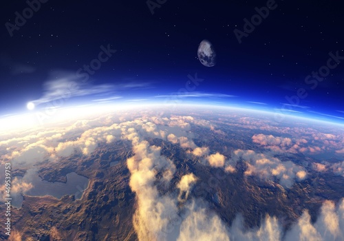 Beautiful landscape with low Earth orbit at sunrise  clouds in the sun  3D rendering