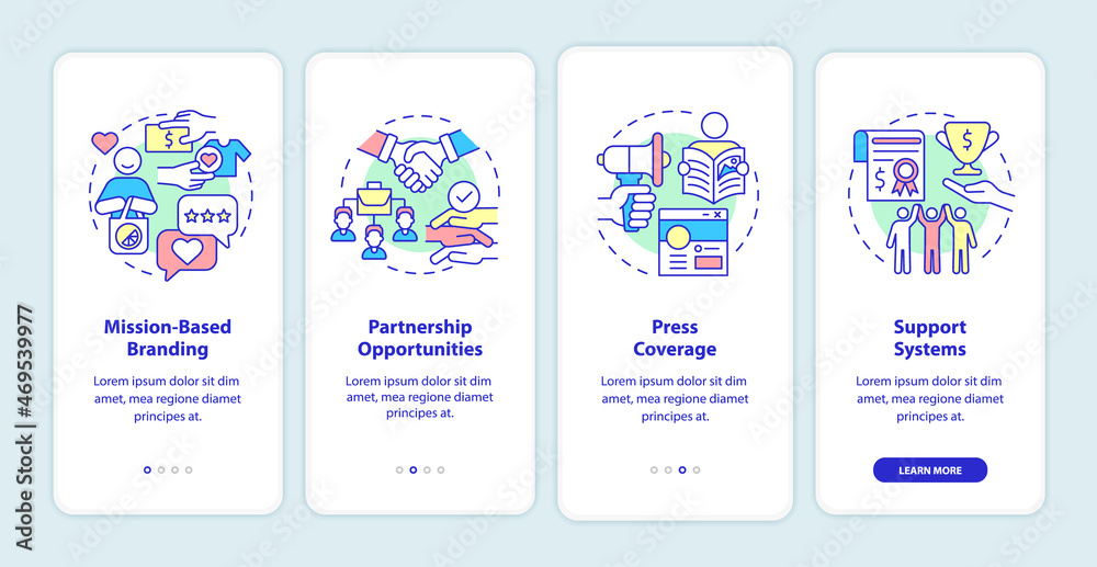 Advantages for social entrepreneurship onboarding mobile app page screen. Walkthrough 4 steps graphic instructions with concepts. UI, UX, GUI vector template with linear color illustrations