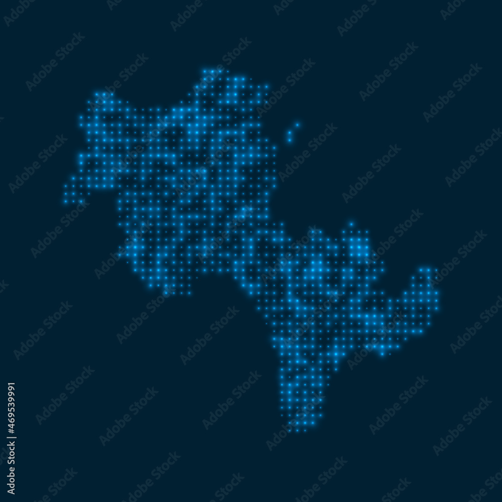 Koh Rong dotted glowing map. Shape of the island with blue bright bulbs. Vector illustration.