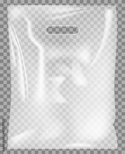 Transparent plastic bag with handle vector illlustration. Glossy polyethylene mockup. Plastic packaging isolated on transparent background. Polyethylene packaging for storing and carrying items