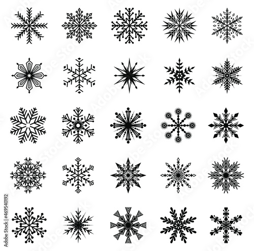 Big set of black vector snowflake icons on a white background. Winter decorative elements 