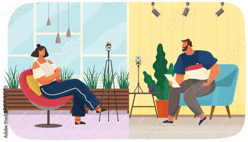 Discussion, talk during work in modern office. Young people enjoy doing interviews, making digital record with computer, headphones. Characters are communicating, having conversation at work