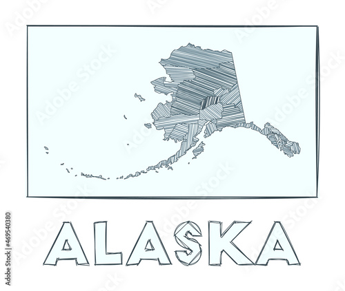 Grayscale hand-drawn map of the US state of Alaska. Filled regions with hachure stripes. Vector illustration.