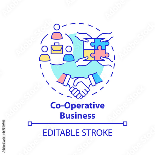 Co operative business concept icon. Social entrepreneurship type abstract idea thin line illustration. Co ops members own and run company. Vector isolated outline color drawing. Editable stroke