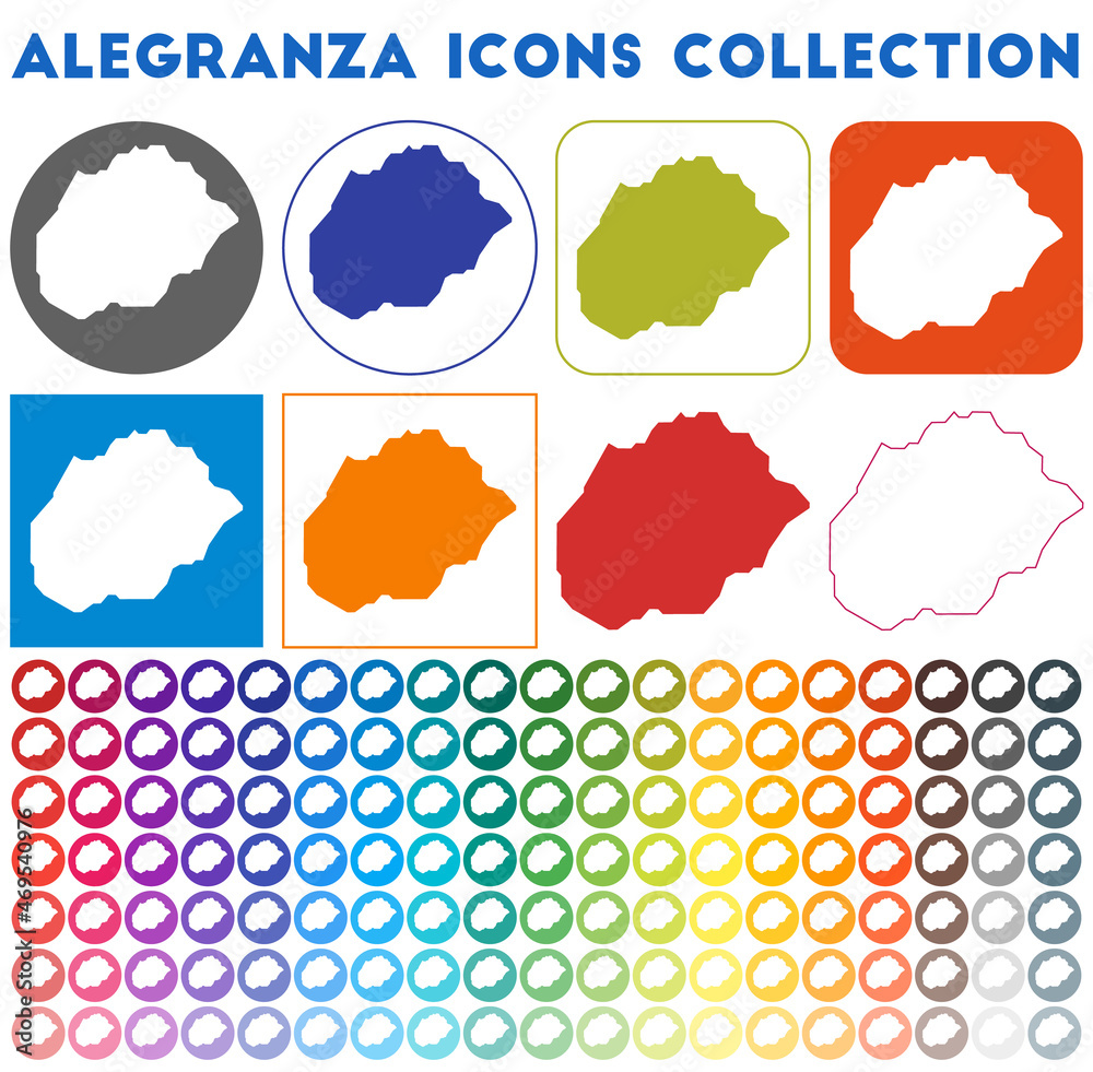 Alegranza icons collection. Bright colourful trendy map icons. Modern Alegranza badge with island map. Vector illustration.