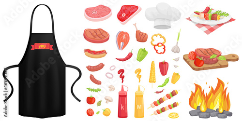 Protective garment for cooking near food icons. Safety clothing for barbecue cookery. Apparel for grilling. Apron with barbecue restaurant logo image. Apron for cooking and protection of clothes