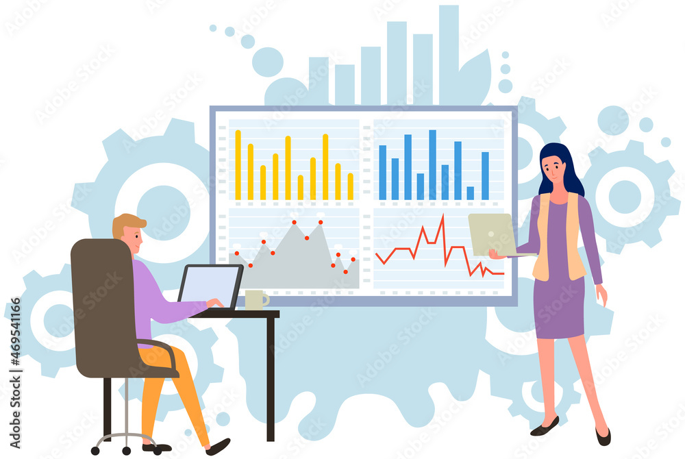 Project management and financial report concept. Consulting team work, business analysis planning. Boss receives presentation from manager. Woman explains statistics graphs and charts analyzes project