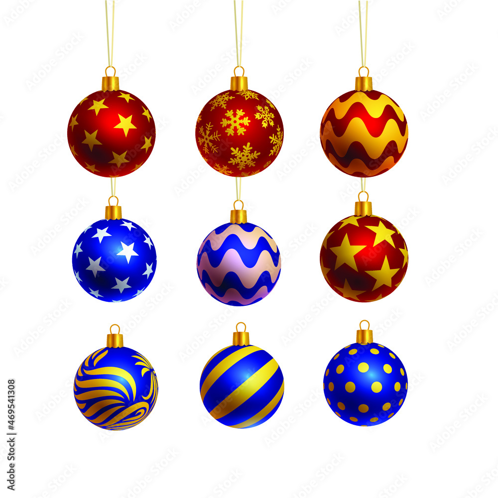 Christmas balls set, isolated on white background vector illustration. New Year postcard design, greeting card and banner. Xmas glass ball. Christmas balls set, isolated on white background vector illustration. New Year postcard design, greeting card and banner. Xmas glass ball.