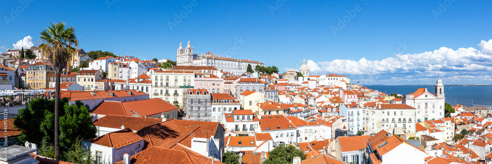 Lisbon Portugal city travel view of Alfama old town with church Sao Vicente de Fora panorama