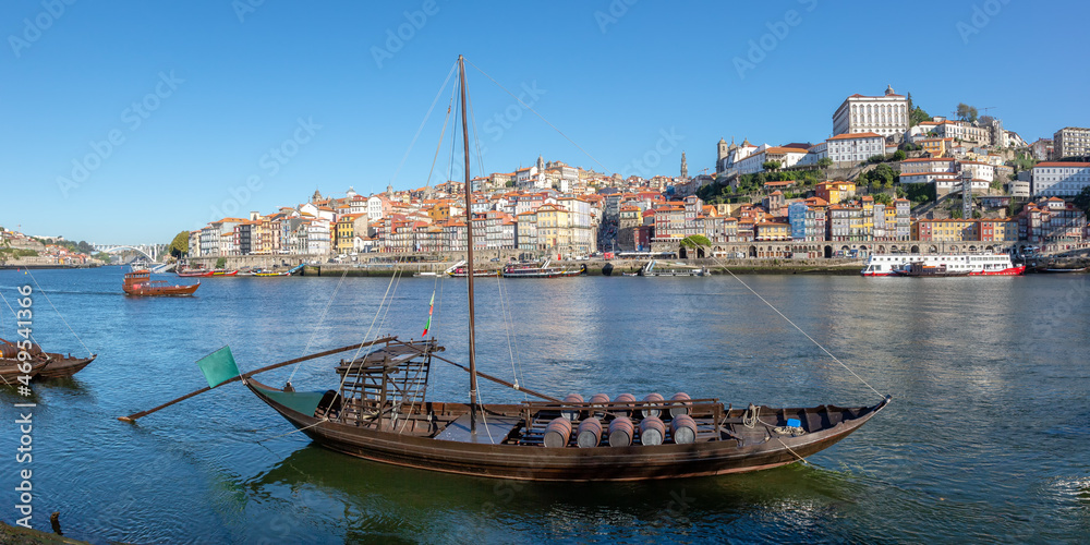 Porto Portugal old town buildings World Heritage with boat ship Douro river travel panorama