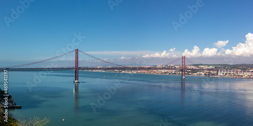 Lisbon Portugal bridge Ponte 25 de Abril over Tejo river panorama town travel