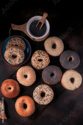 Homemade Bagels. Fresh bagels with sesame and poppy seeds. Variety of assorted New York style Bagels. 