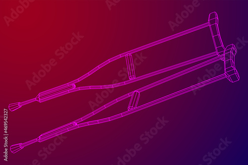 Crutches medical walking sticks for rehabilitation of broken leg. Treatment of people with leg injuries. Wireframe low poly mesh vector illustration.