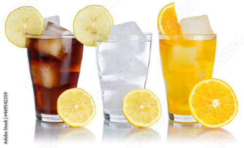 Drinks lemonade cola drink softdrinks glass in a row with lemon isolated on white