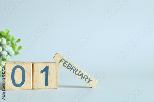 February 1, Calendar cover design with number cube with green fruit on blue background.