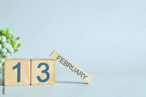 February 13, Calendar cover design with number cube with green fruit on blue background.