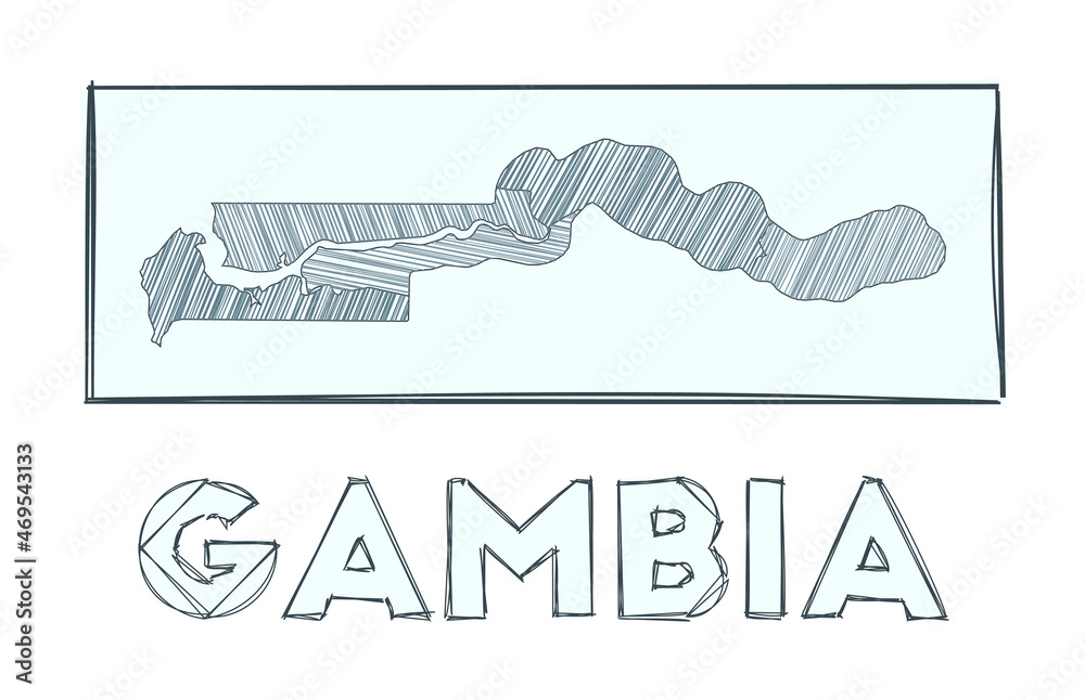 Sketch map of Gambia. Grayscale hand drawn map of the country. Filled regions with hachure stripes. Vector illustration.