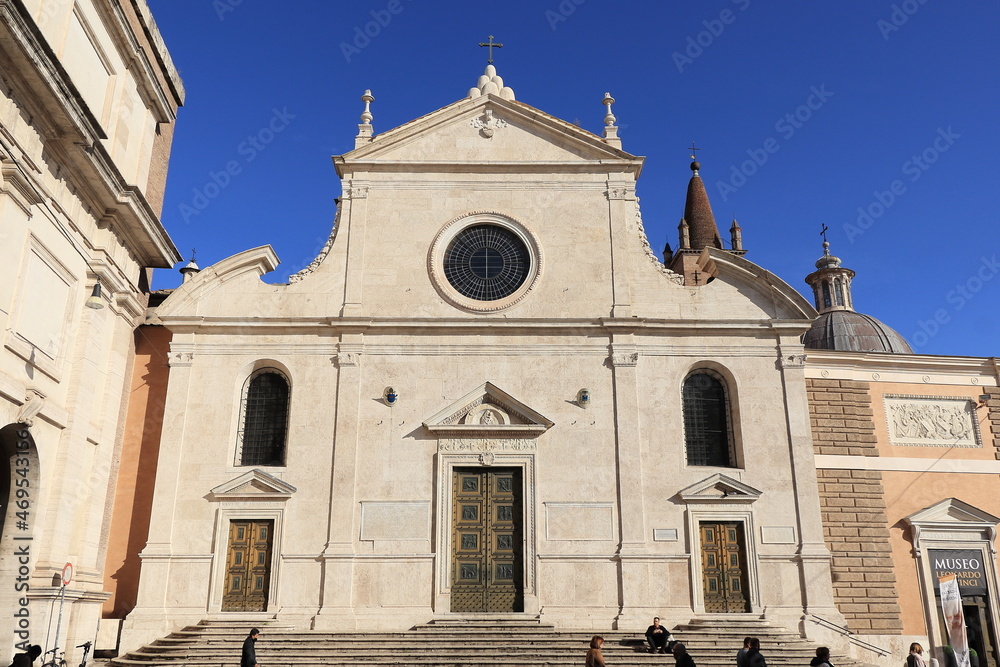 Santa Maria del Popolo Church Facade and Stairs at Piazza del Popolo In Rome, Italy