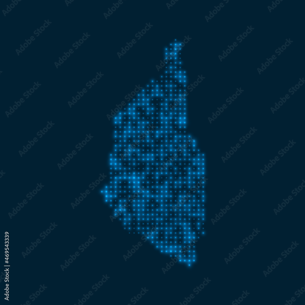 Penang Island dotted glowing map. Shape of the island with blue bright bulbs. Vector illustration.