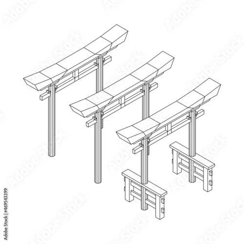 Torii sacred traditional gate. Symbol of Japan,shintoism religion. Japanese Tori arch ancient entrance. Wireframe low poly mesh vector illustration
