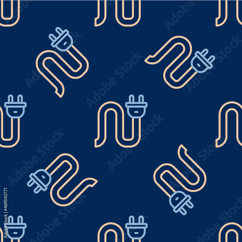 Line Electric plug icon isolated seamless pattern on blue background. Concept of connection and disconnection of the electricity. Vector