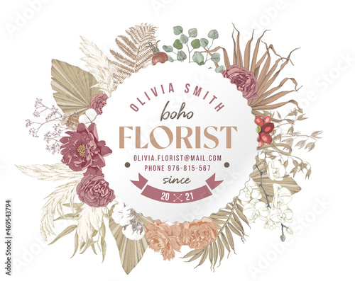 Florist label in boho style with dried flowers