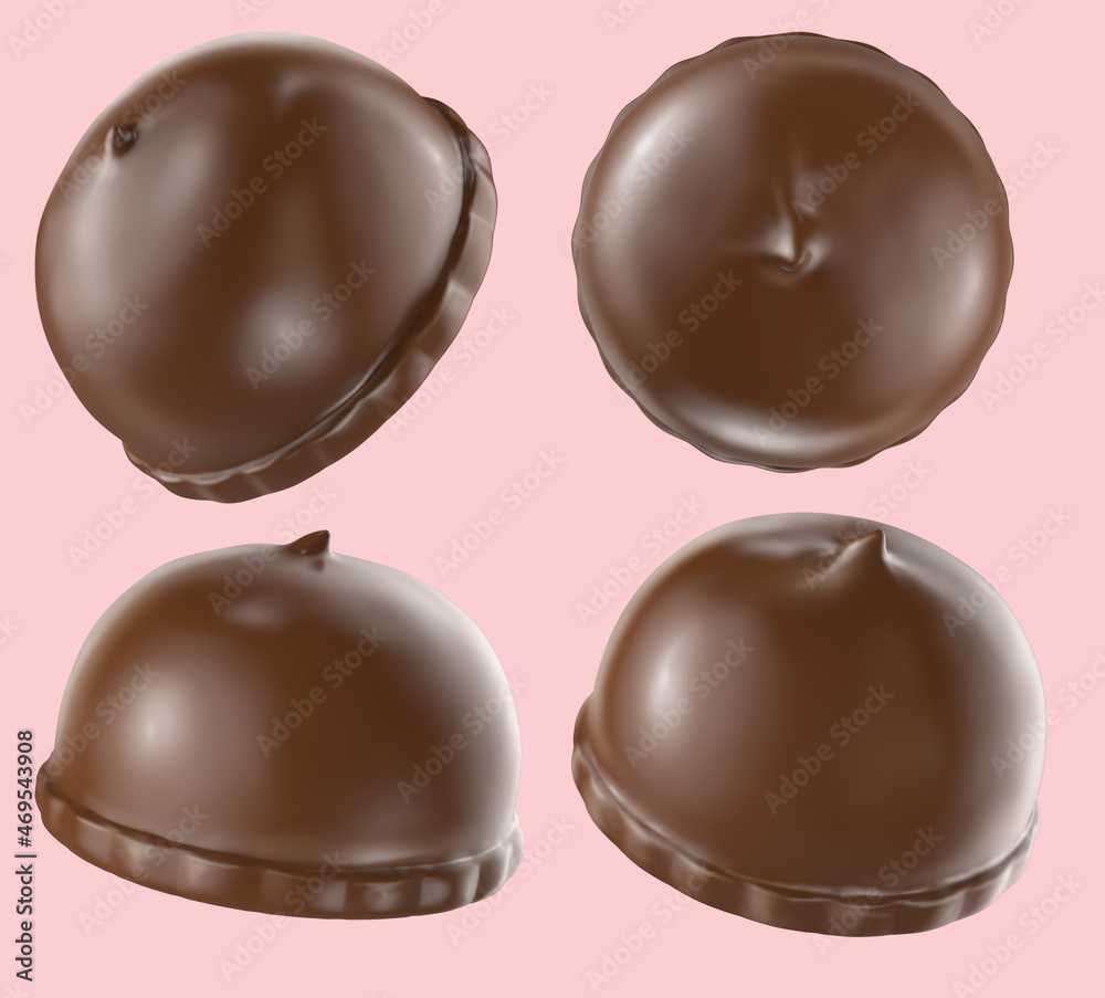 Fototapeta premium Choco pie chocolate biscuits with marshmallow isolated background. 3d illustration