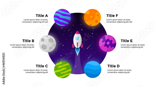 Circle diagram. Startup vector infographic. Rocket launch into space. Universe background. Presentation slide template. Business success chart. 6 options.