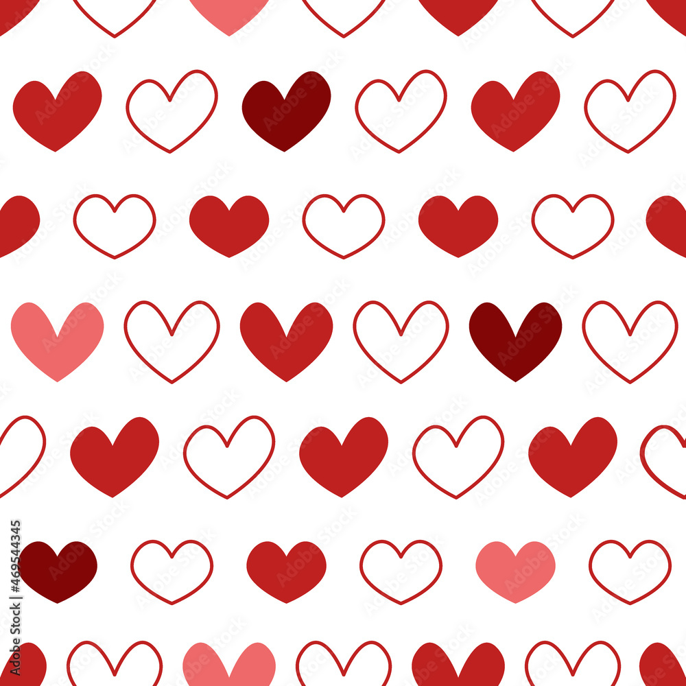 Red hearts seamless pattern. White Valentins day background with love symbols. Vector hand drawn illustration