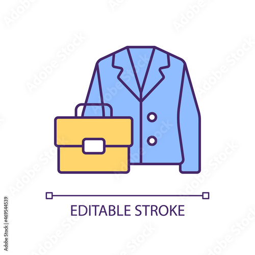 Office outfit color icon. Classic suit for interview. Formal jacket and case. Business apparel. Boss style. Clothes for interview. Isolated vector illustration. Simple filled line drawing