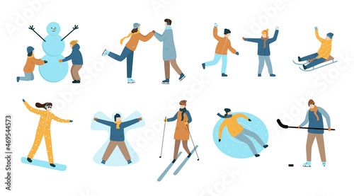 People winter outdoor activities set. Collection of diverse people in different winter clothes. Children build snowman, couple skating, sledding child, skiing, hockey, fun. Vector illustration
