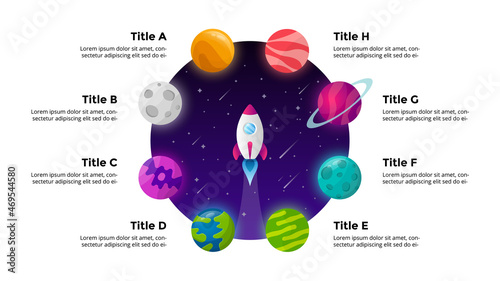 Circle diagram. Startup vector infographic. Rocket launch into space. Universe background. Presentation slide template. Business success chart. 8 steps.