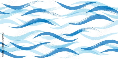 Seamless Wave Pattern, Hand drawn water sea vector background. Watercolor wavy beach brush stroke, curly grunge paint lines, modern design