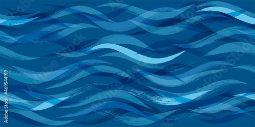 Seamless Wave Pattern, Hand drawn water sea vector background. Watercolor wavy beach brush stroke, curly grunge paint lines, modern design