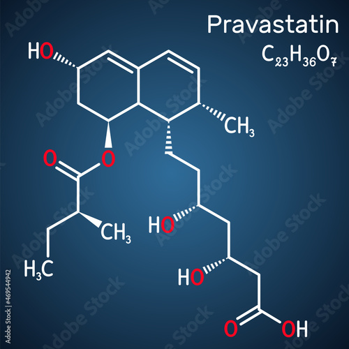 Pravastatin molecule. Statin, anticholesteremic drug, used to lower lipid levels, to reduce the risk of myocardial infarction, stroke. Structural chemical formula on the dark blue background