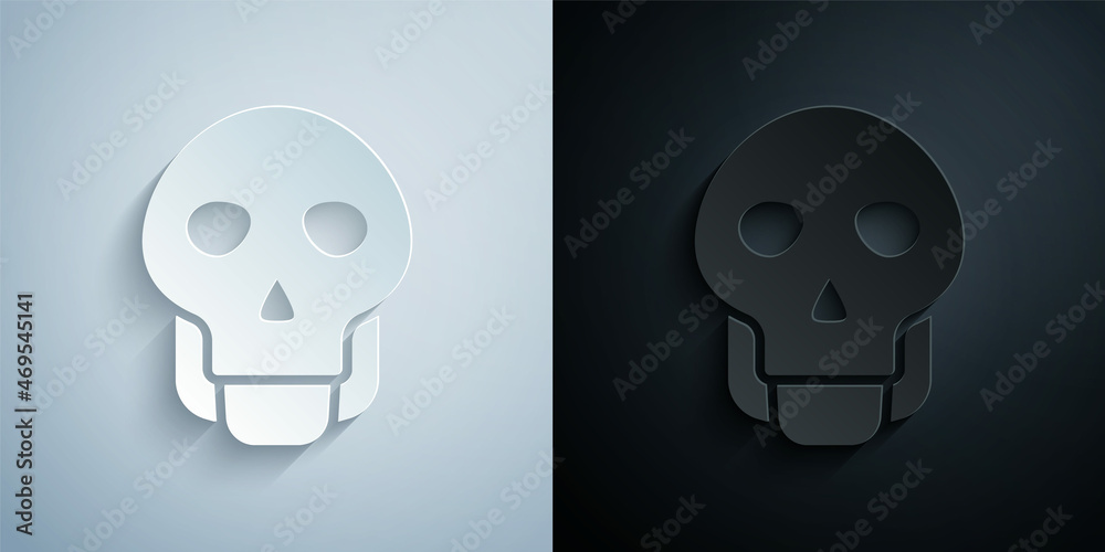 Paper cut Skull icon isolated on grey and black background. Happy Halloween party. Paper art style. Vector