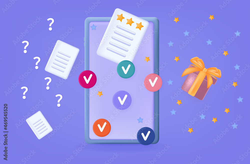 3d quiz winner. The concept of reward, motivation and receiving a gift for the correct answers of a quiz, competition, test, exam on the phone screen. Promotion, rally, competition with a star. Vector