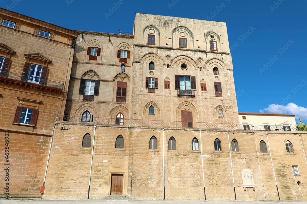 Torre Pisana building of the complex of Palazzo Reale palace also known Palazzo dei Normanni a famous historic palace of Palermo, Sicily, Italy