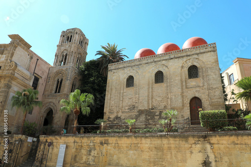 Church of San Cataldo with three red domes annexed to Santa Maria dell'Ammiraglio church, Palermo, Italy